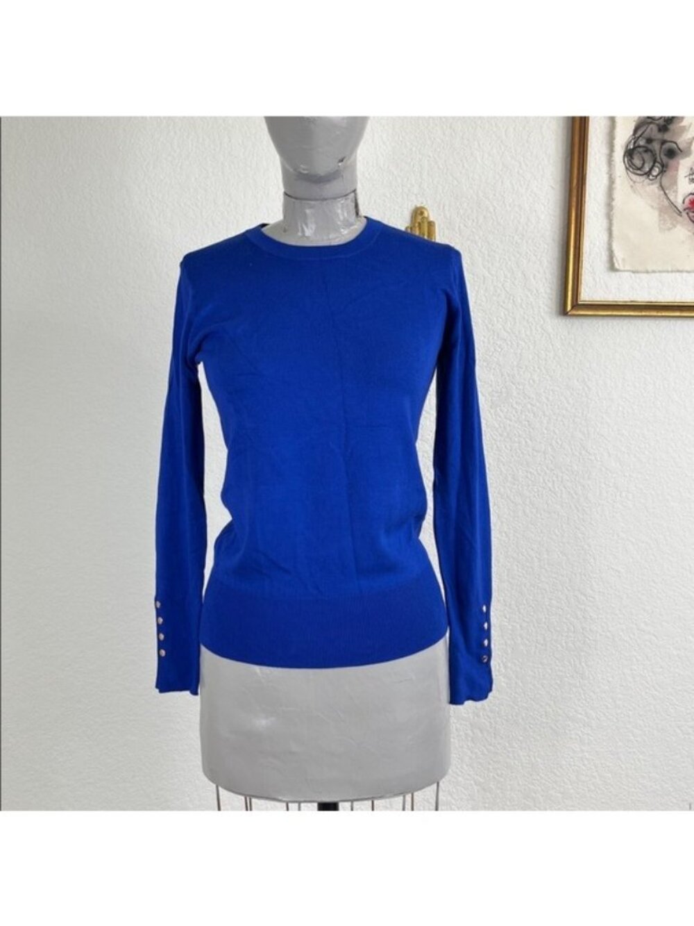 Zara Jewel Tone Knit Jumper Sweater w Buttons Studded Sleeves Pop Over Crew Neck